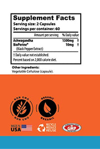 Organic Ashwagandha - Natural Anxiety Supplement, Mood Enhancer, System and Thyroid Support - 1300mg, Plus Black Pepper Extract - 120 Capsules
